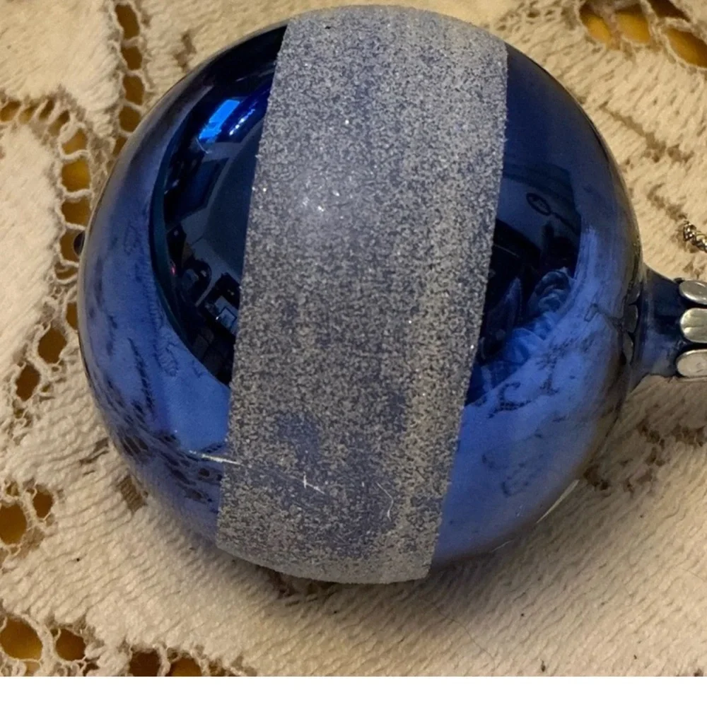 Vintage Blue Silver Indent Reflector Glass Christmas Ornament 2.5”